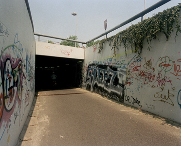 84244 Gezicht op de, met graffiti bekladde, muren van de fietstunnel onder het Westplein te Utrecht, uit het zuiden.